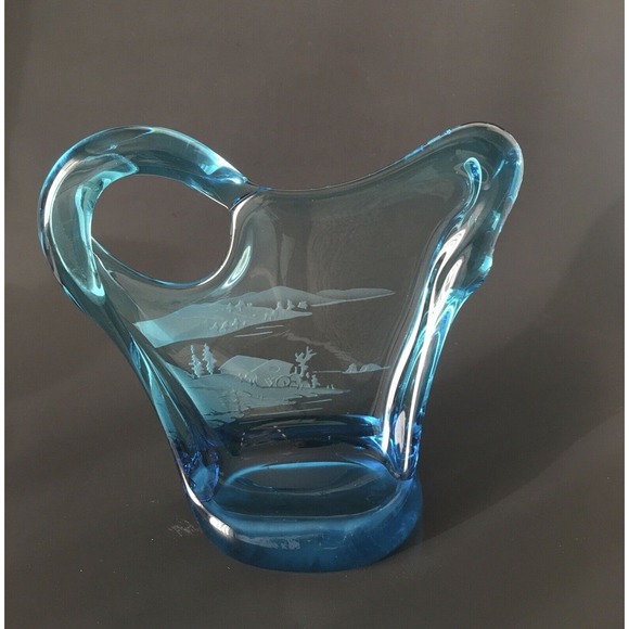 Other - Blue Art Glass Etched Outdoor Scenery Stunning Unknown Artist